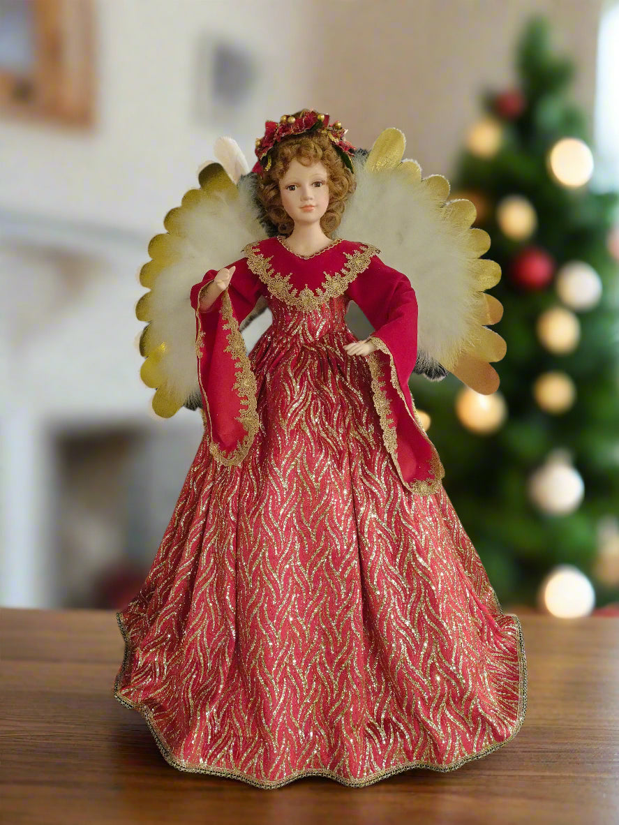 strapless open back dress 32" Red & Gold Animated Musical Angel Tree Topper strapless open back dress 32" Red & Gold Animated Musical Angel Tree Topper