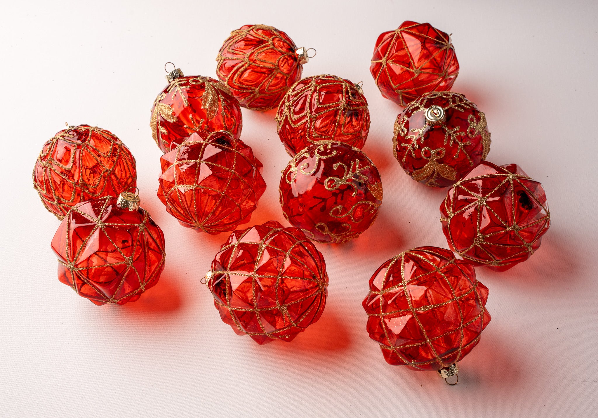 4 Red Glitter Ornaments Filled With Red Beads Assorted Set Of 12