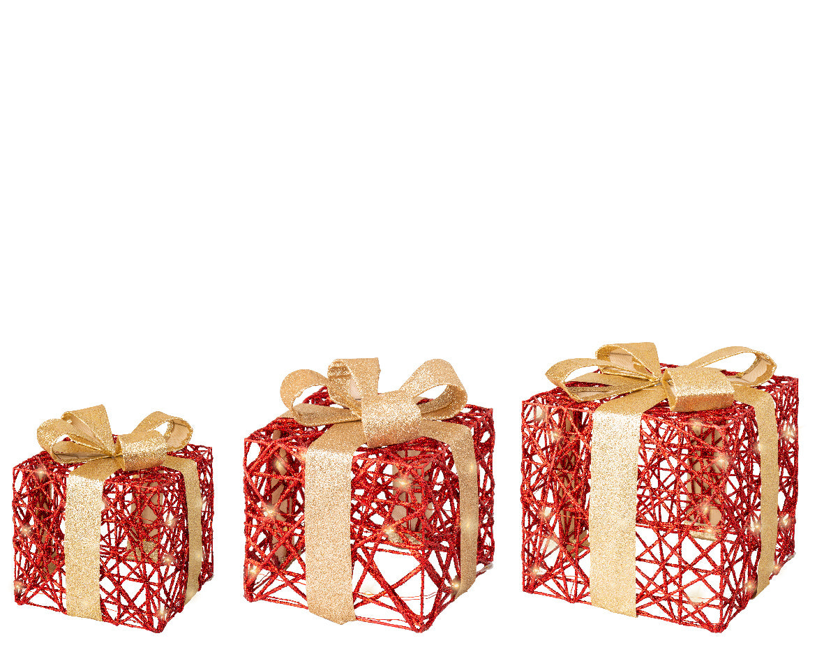 12 Red Gold Glitter Battery Operated Gift Box Set Of 3