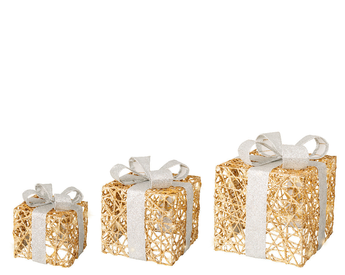 12 Gold & White Glitter Battery Operated Gift Box Set Of 3