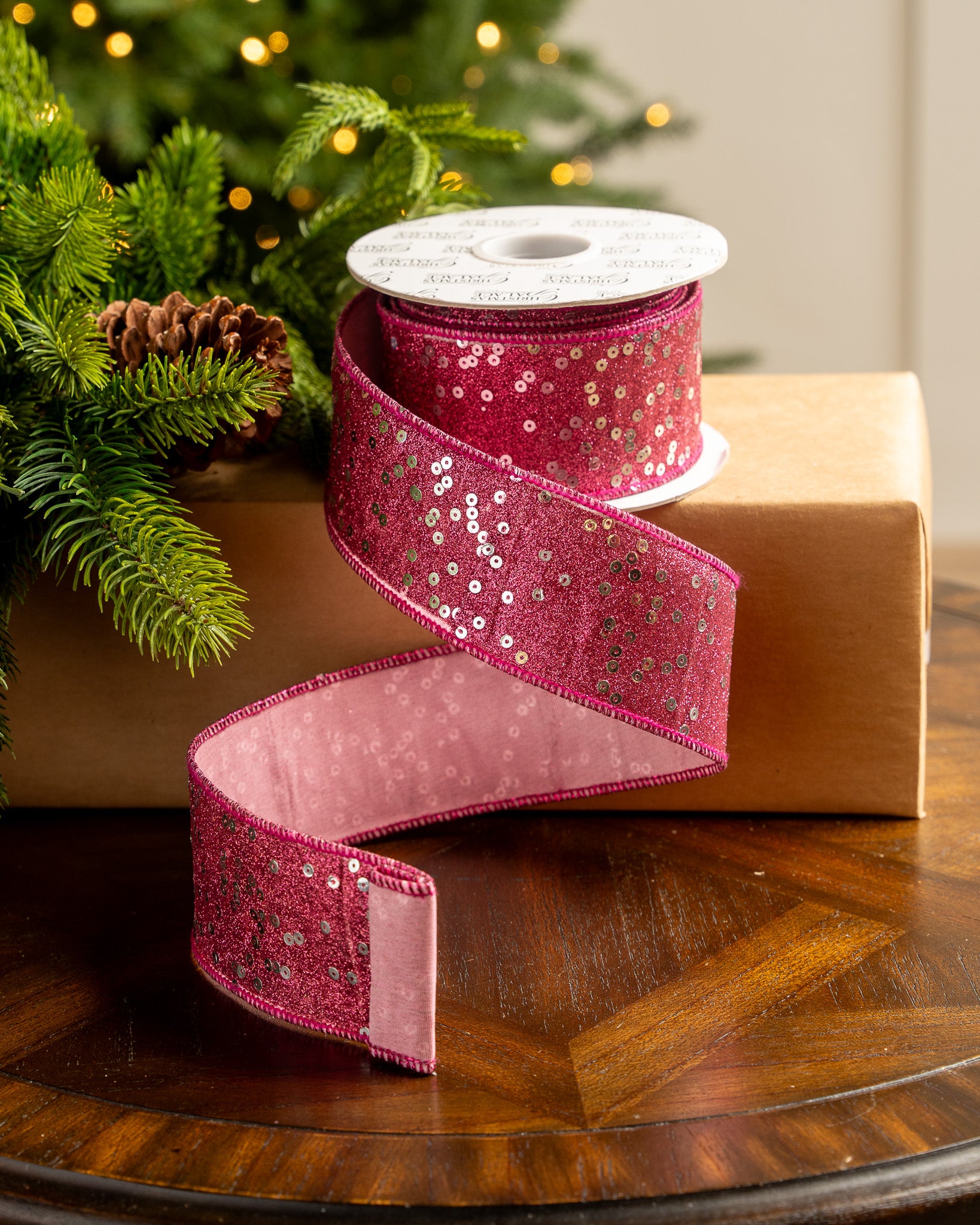 Shop Rose Gold Sequin Wired Christmas Ribbon