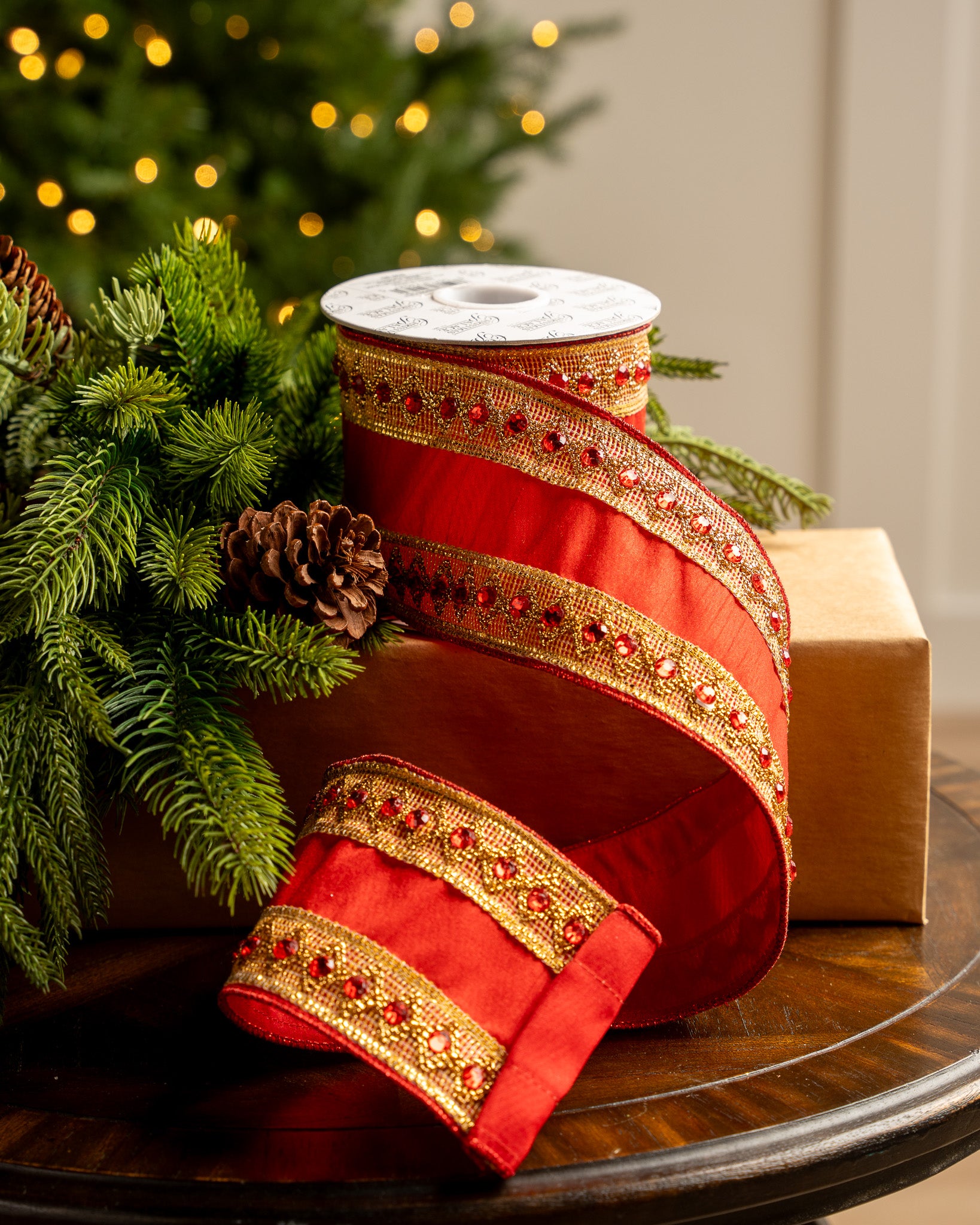 Christmas wrapping ribbon, red with gold lines - Stock