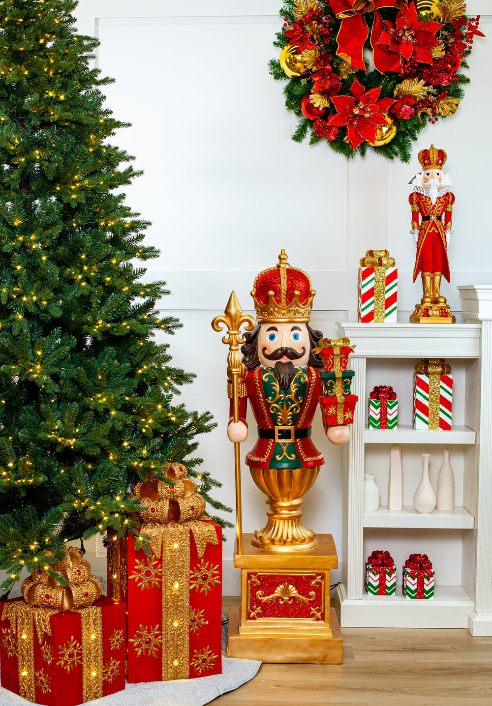 4 FT Red King Nutcracker With Staff & Gifts