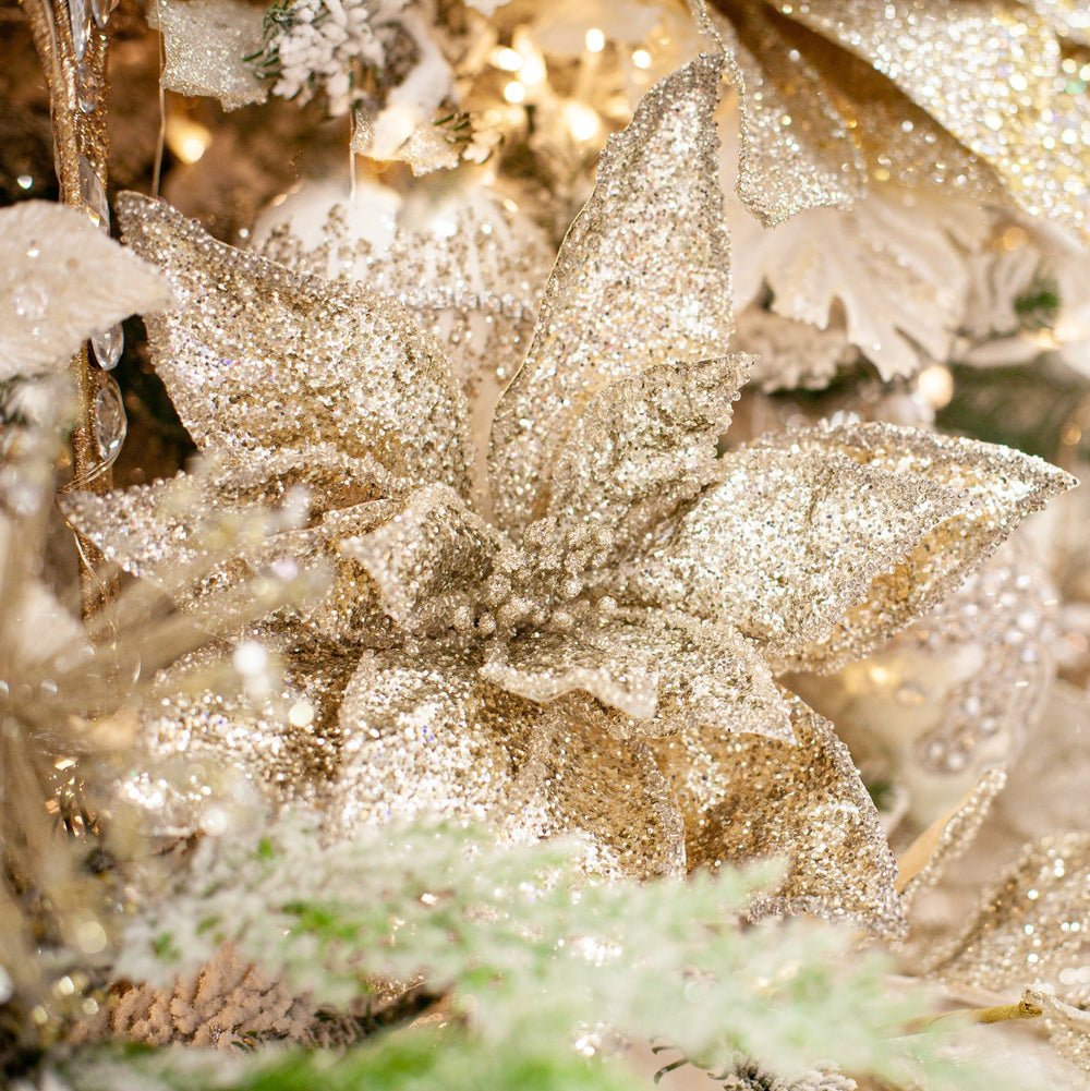 24" Silver Glitter Poinsettia Stem Set Of 6