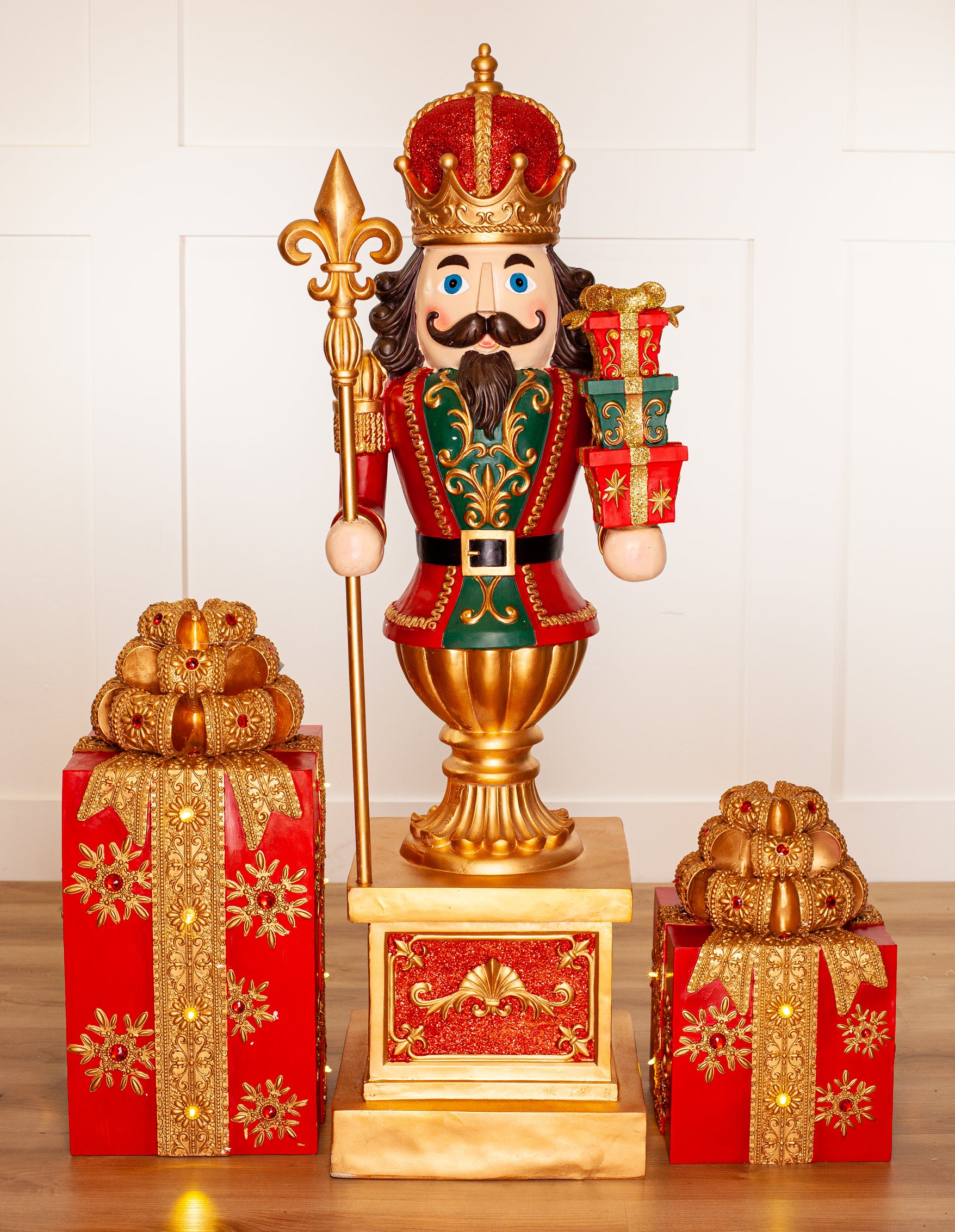 4 FT Red King Nutcracker With Staff & Gifts