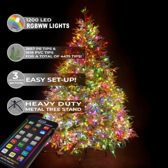Decorated Christmas tree with colorful lights and a remote control on a dark background