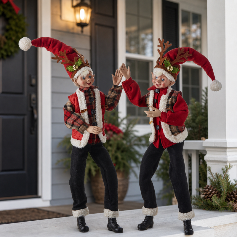 24" Posable Elves With Reindeer Antlers Assorted Set Of 2