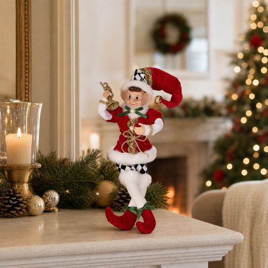 15" Checkered Pixie Elf Ornament With Trumpet