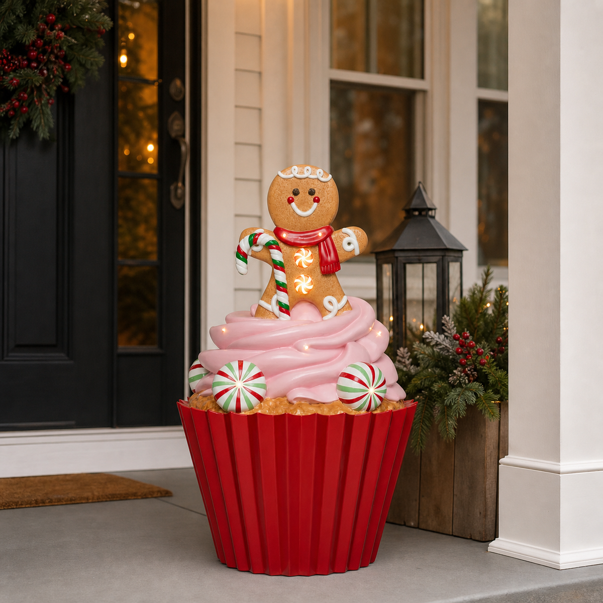 Cupcake de caramelo de pan de jengibre LED rojo y rosa de 3,3 pies con pilas
