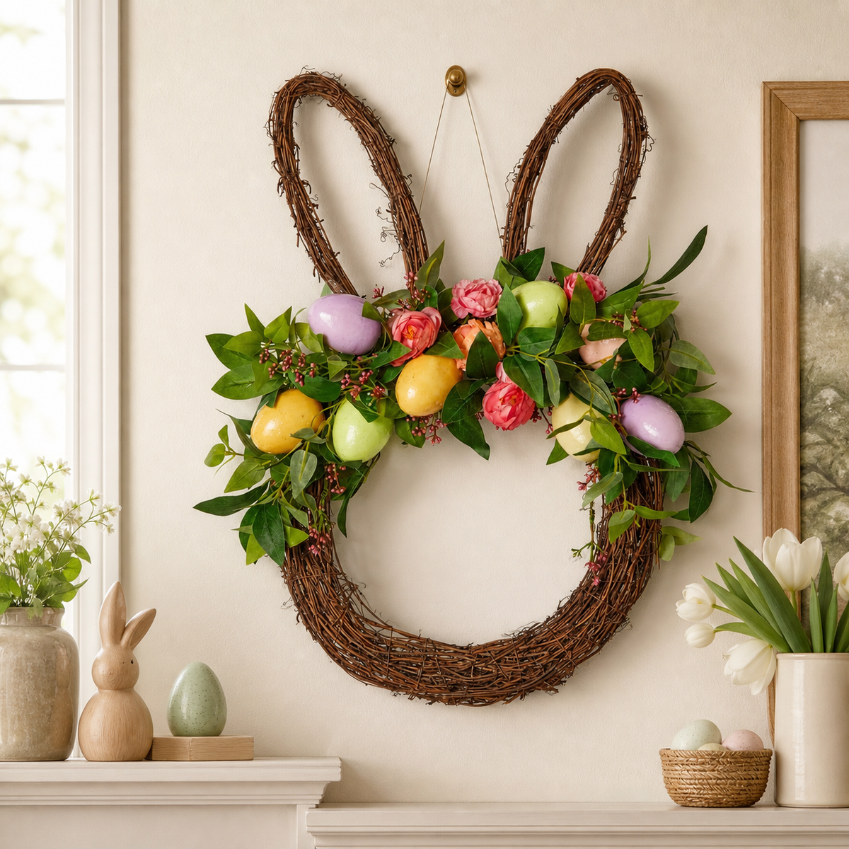 Guirnalda de cabeza de conejo de Pascua de 23" con arreglo en colores pastel
