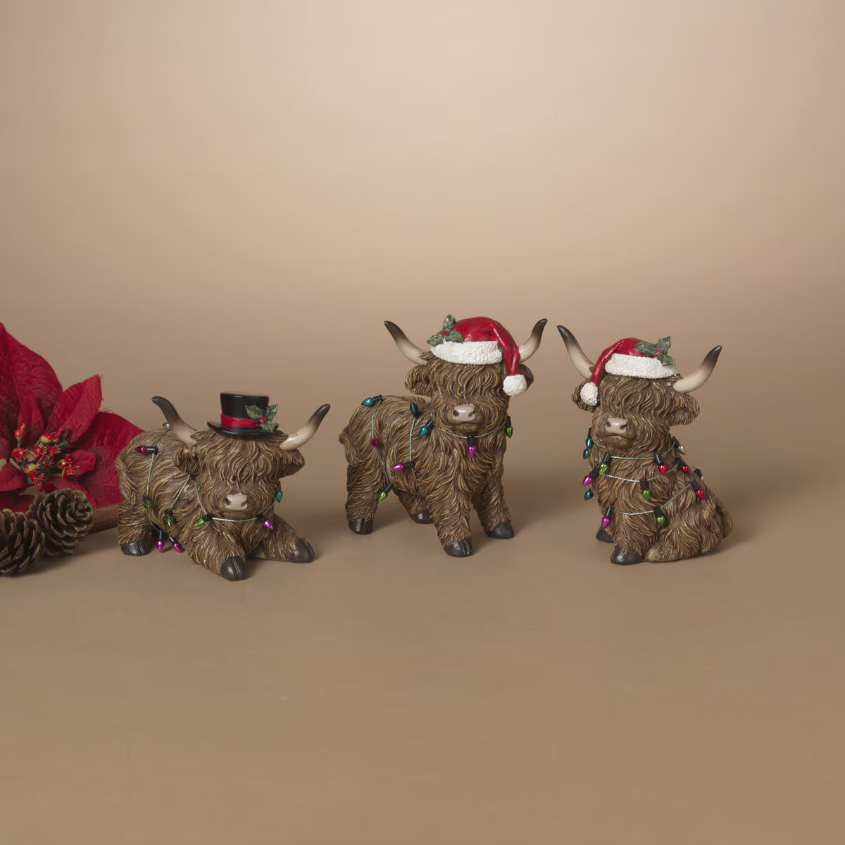 5" Highland Cow With Santa Hat Assorted Set of 3