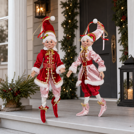 16" Red & Pink Charming Poseable Elves Assorted Set Of 2