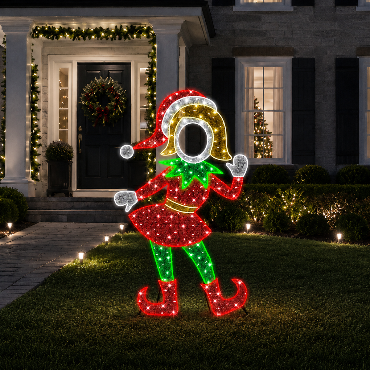 6 FT X 4 FT Red & Green Elf Girl LED Photo Op