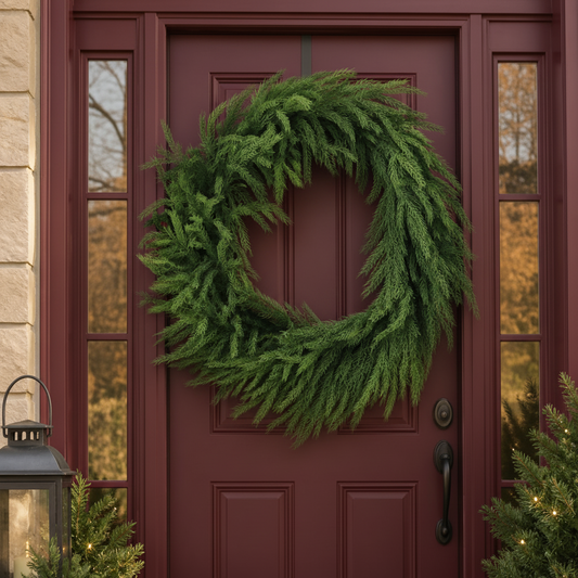A lush green pine wreath hangs on a dark charcoal front door, flanked by side glass-paneled doors and small lit Christmas trees at the bottom.