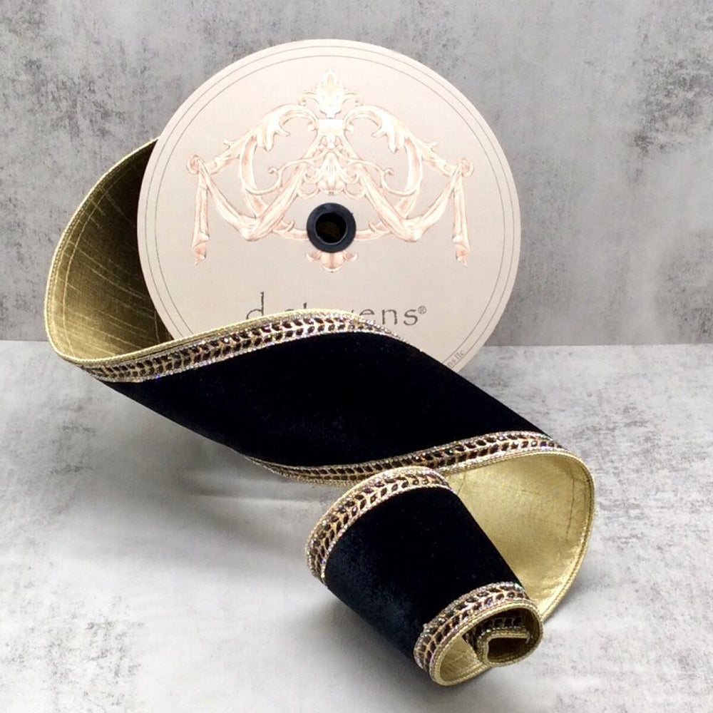 4" X 5YD Black Velvet Ribbon With Gold Trim
