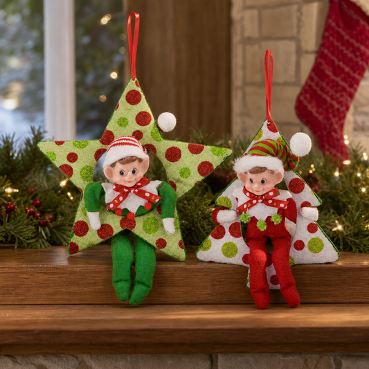 11" Red & Green Elf Star Tree Ornament Assorted Set Of 2