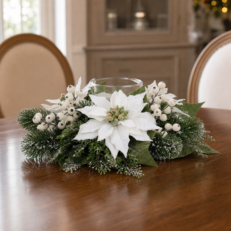 6" X 16" White Poinsettia Centerpiece Candle Holder