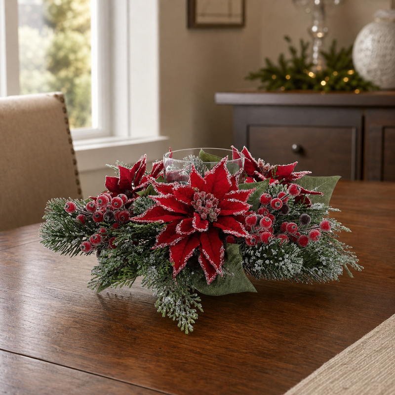6" X 16" Red Poinsettia Centerpiece Candle Holder