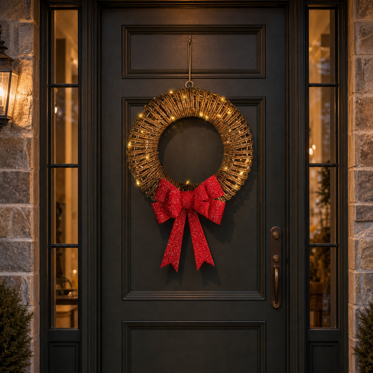 15" 48 LED Soft Warm Wicker Brown Wreath With Red Bow