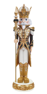 Decorative nutcracker figure with gold and black attire on a white background