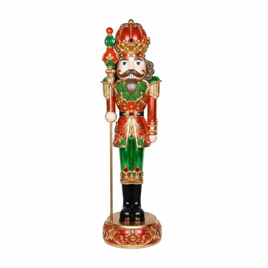 Decorative nutcracker figure with a crown, holding a staff, on a white background