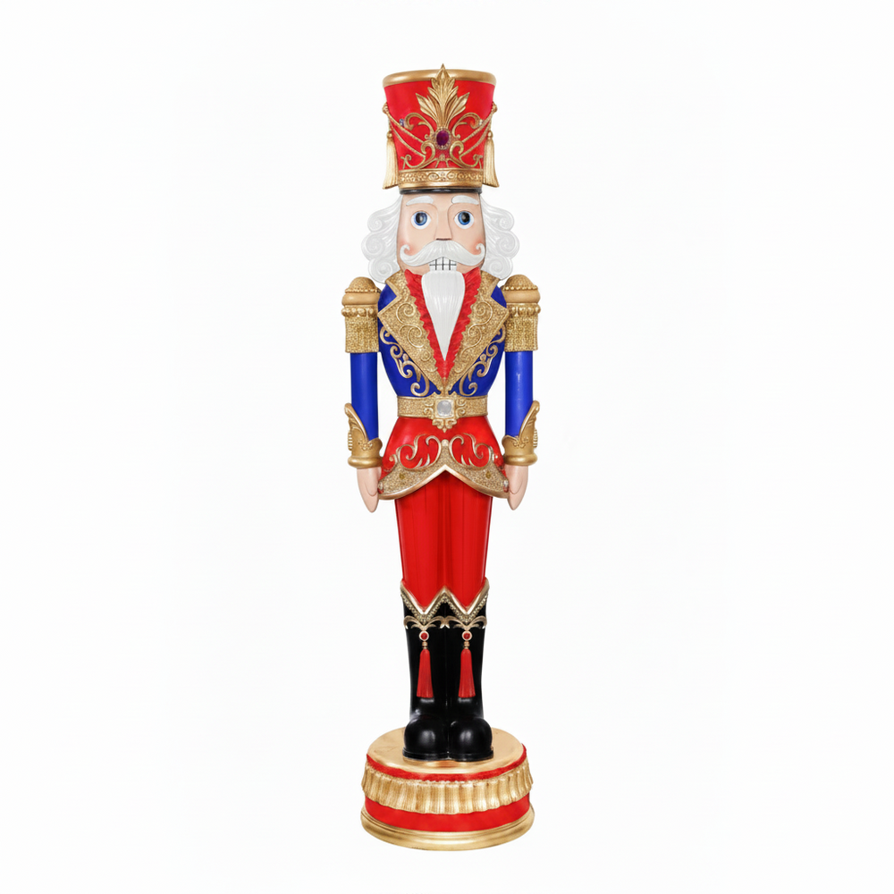 Decorative nutcracker figure with red, blue, and gold colors on a white background