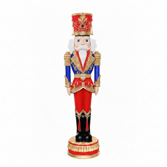 Decorative nutcracker figure with red, blue, and gold colors on a white background