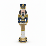 Decorative nutcracker figurine with blue and gold attire on a white background