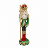 Decorative nutcracker figure with a crown, green outfit, and red boots on a white background