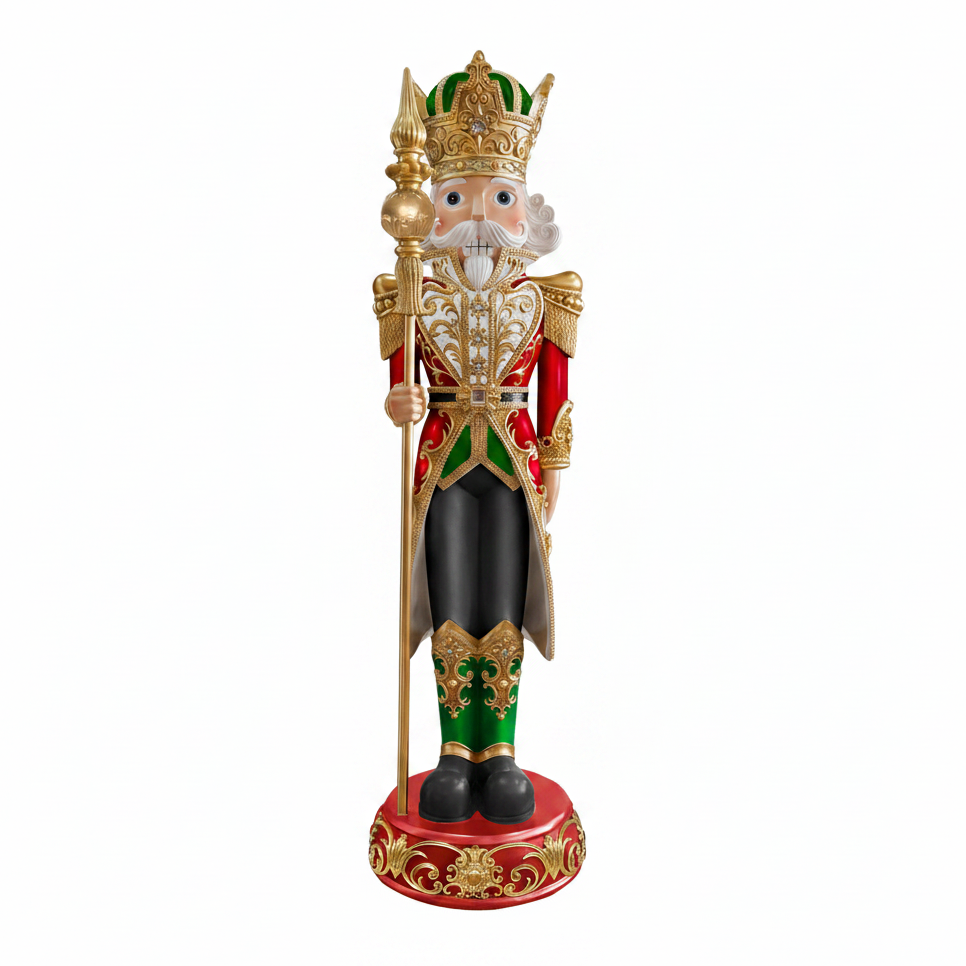 Decorative figure of a king with a crown, holding a scepter, on a white background