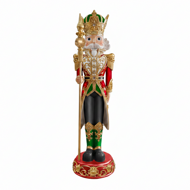Decorative figure of a king with a crown, holding a scepter, on a white background