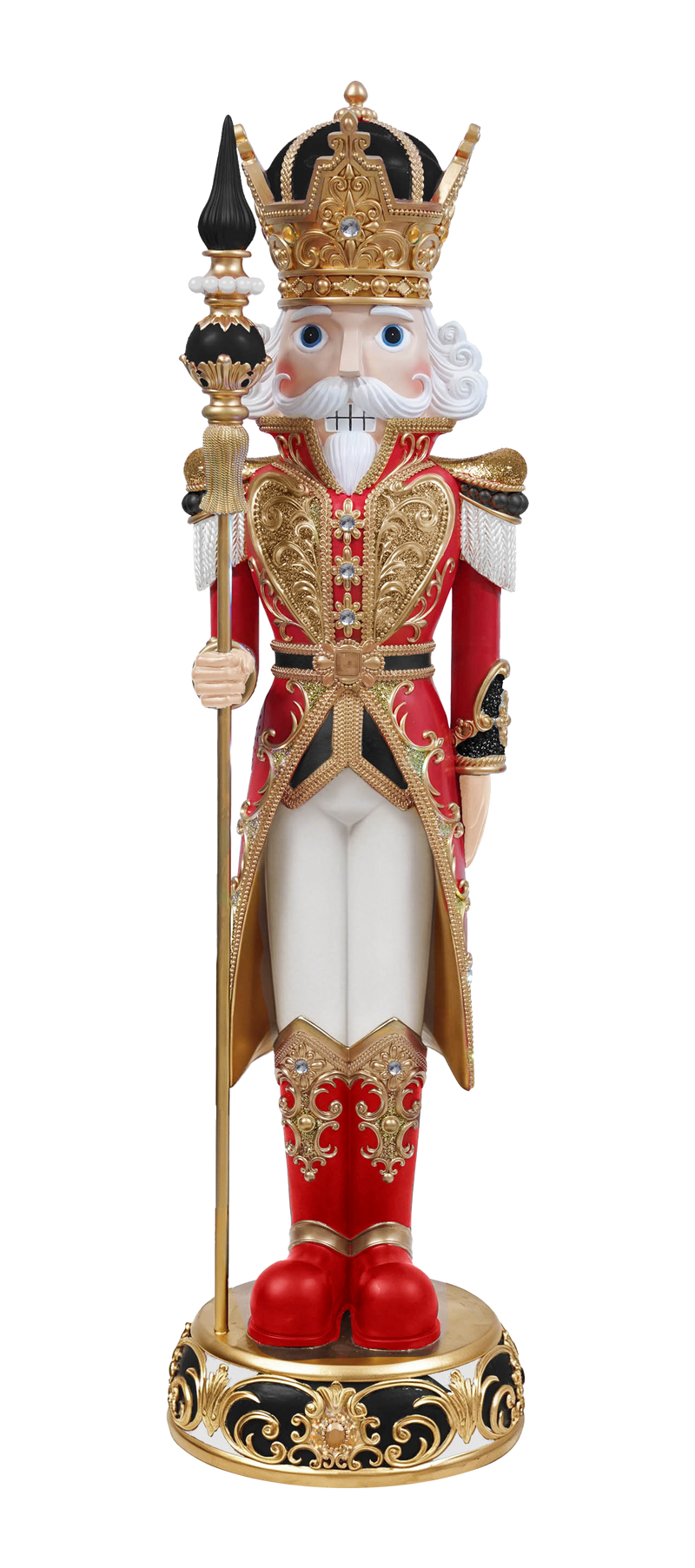 Decorative nutcracker figurine with royal attire and crown on a white background