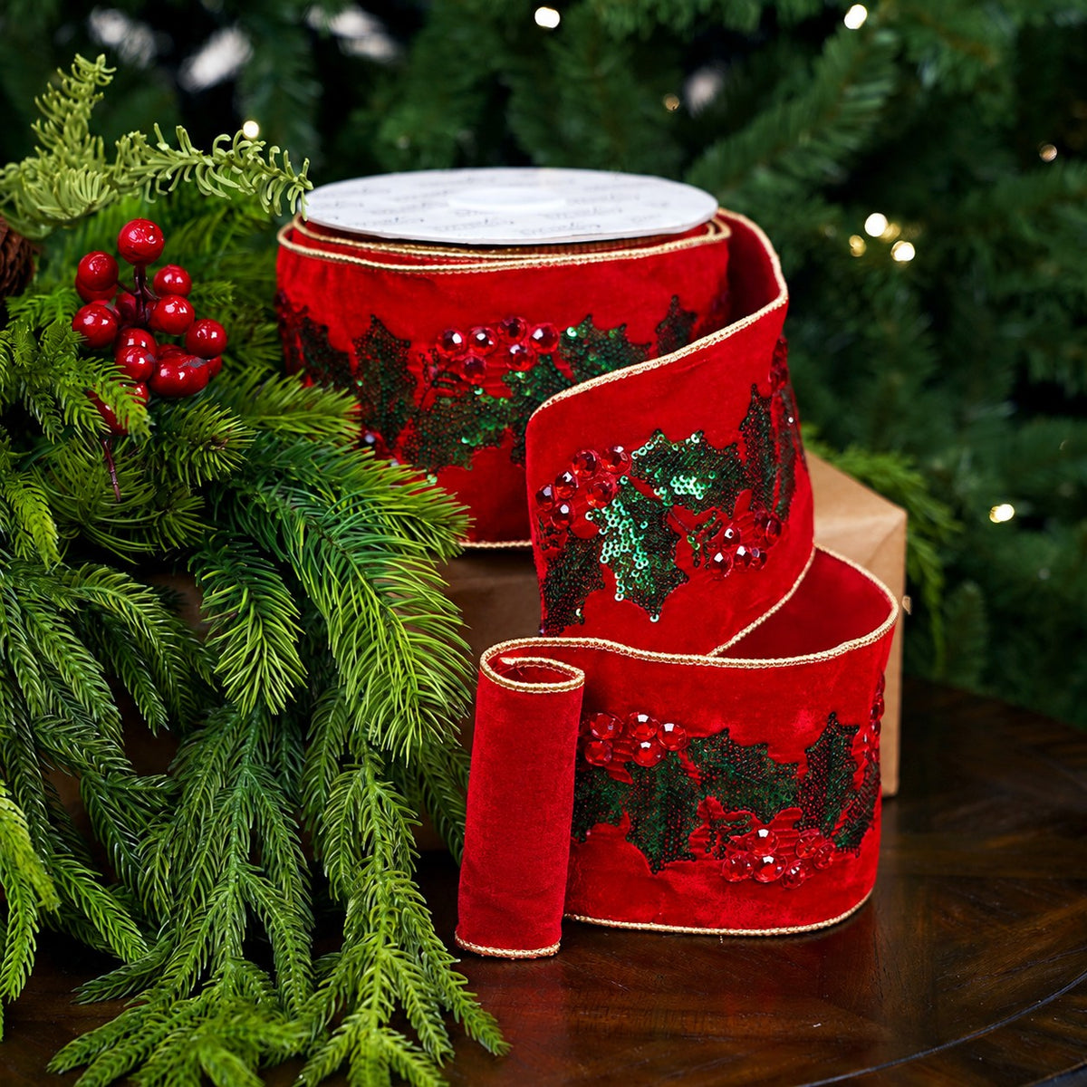 4" X 10YD Holly Leaves Embroidered Ribbon