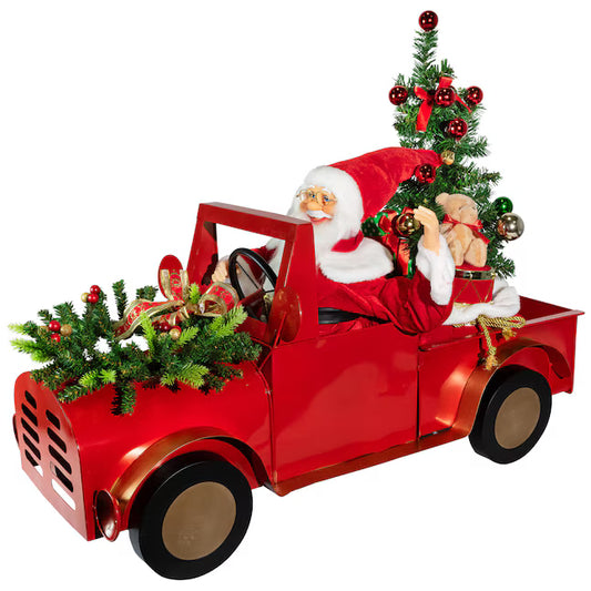 24" Santa Driving Red Truck With Tree Battery Operated