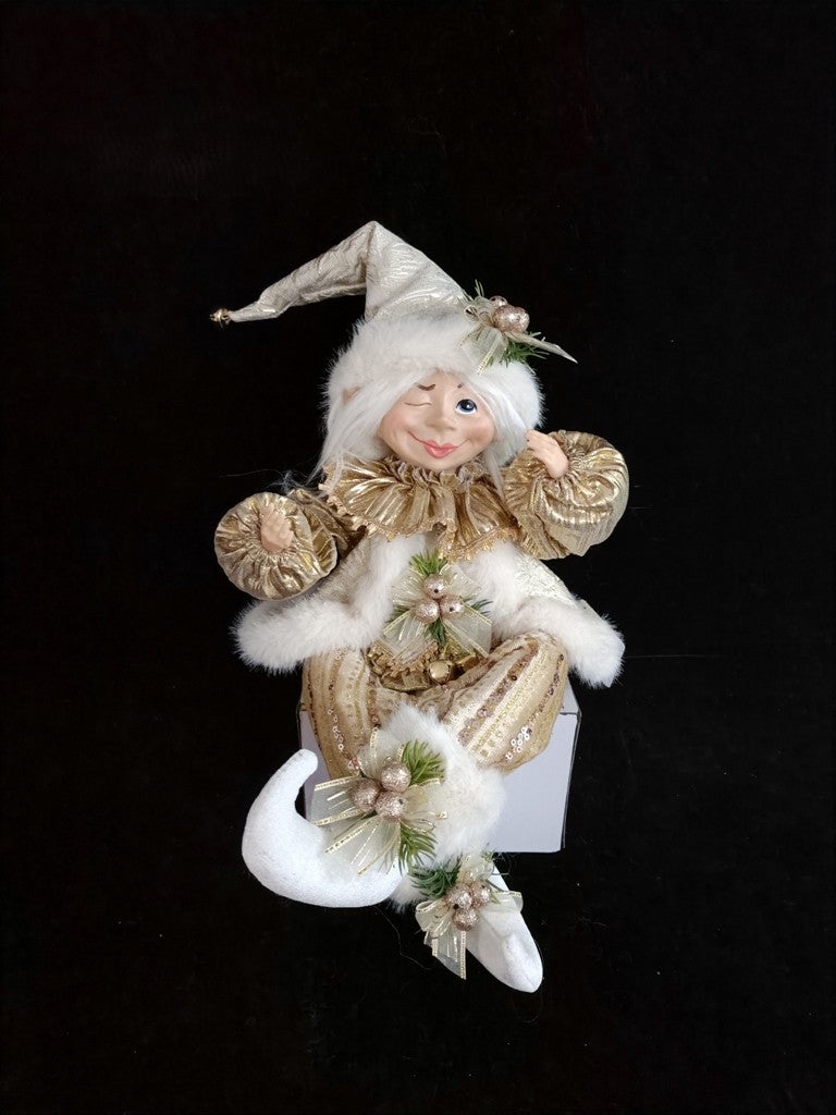 18" White & Gold Sitting Christmas Elf with Fur Coat