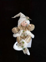 18" White & Gold Sitting Christmas Elf with Fur Coat