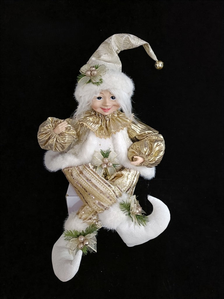 22" White & Gold Sitting Christmas Elf with Fur Coat