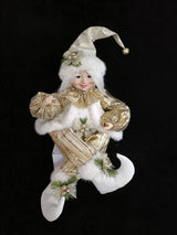 22" White & Gold Sitting Christmas Elf with Fur Coat