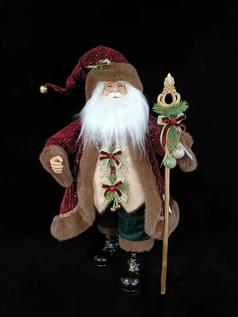 24" Santa With Red Brown Fur Coat Holding Baton