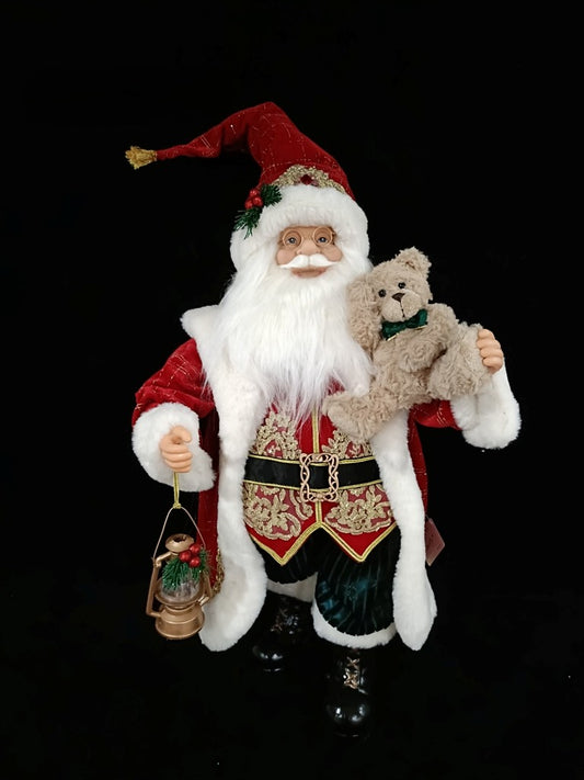 24" Red & Gold Santa With Lantern Holding Teddy Bear