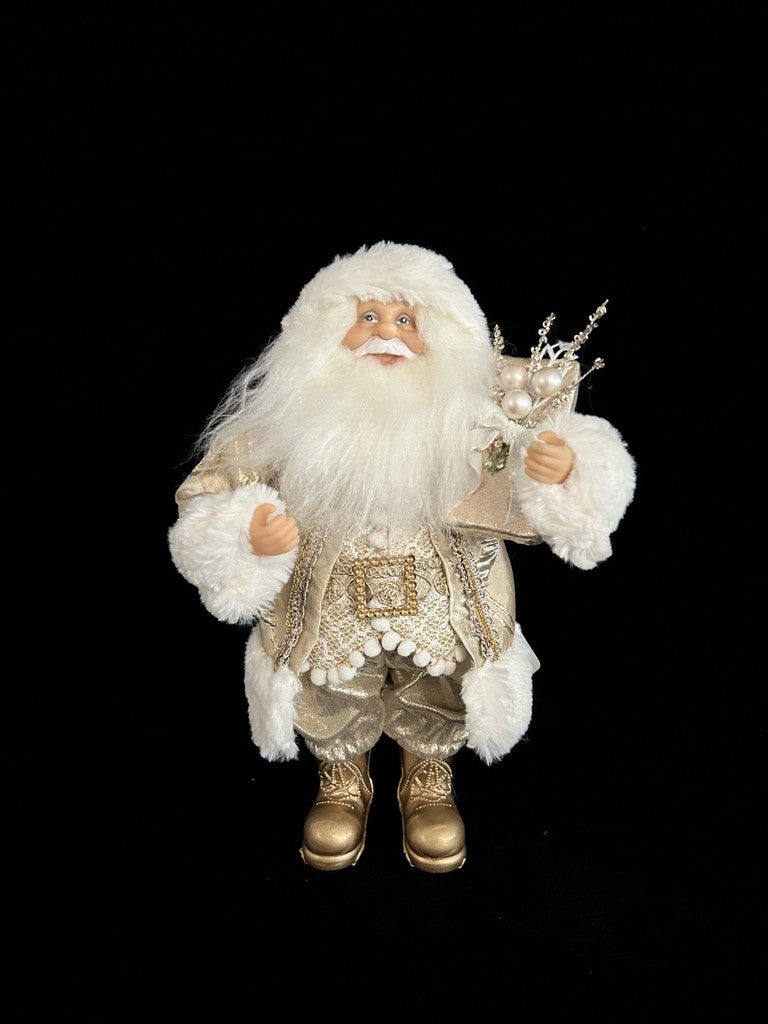 12" White & Gold Standing Santa With Gift Box