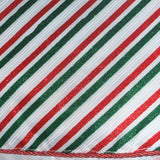 Close-up of a tie with red, green, and white diagonal stripes.