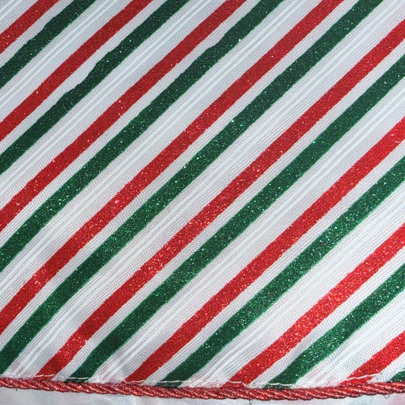 Close-up of a tie with red, green, and white diagonal stripes.