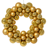 Gold Christmas wreath with spherical ornaments on a white background