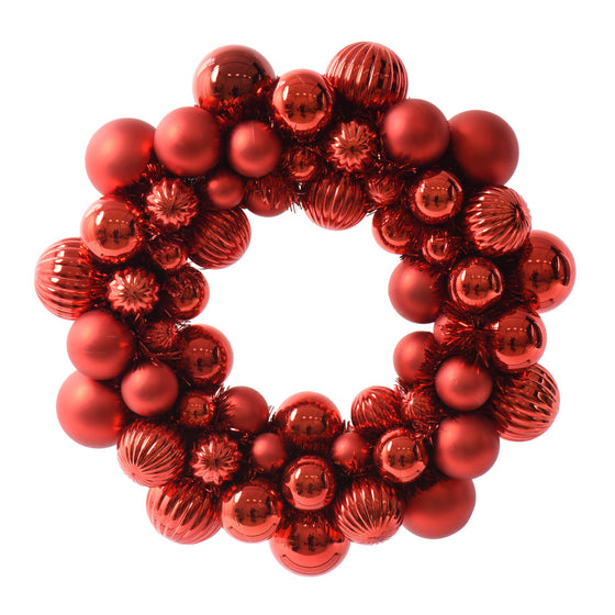 15" Christmas Red Shiny & Matte Shatterproof Ball Wreath