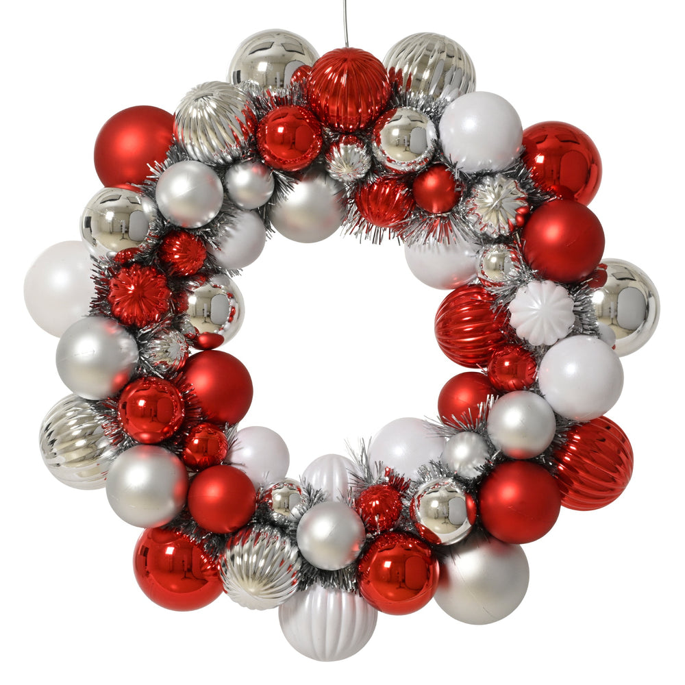 15" Red & White Shiny & Matte Shatterproof Ball Wreath