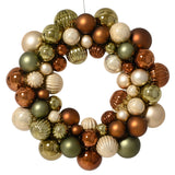 Decorative wreath made of multicolored glass ornaments on a white background