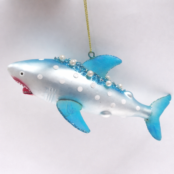 6" Blue Pearled Shark Glass Ornament Set Of 4