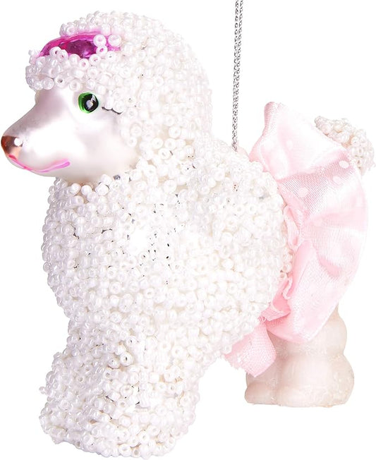 4" White Poodle With Pink Skirt Glass Ornament Set Of 6