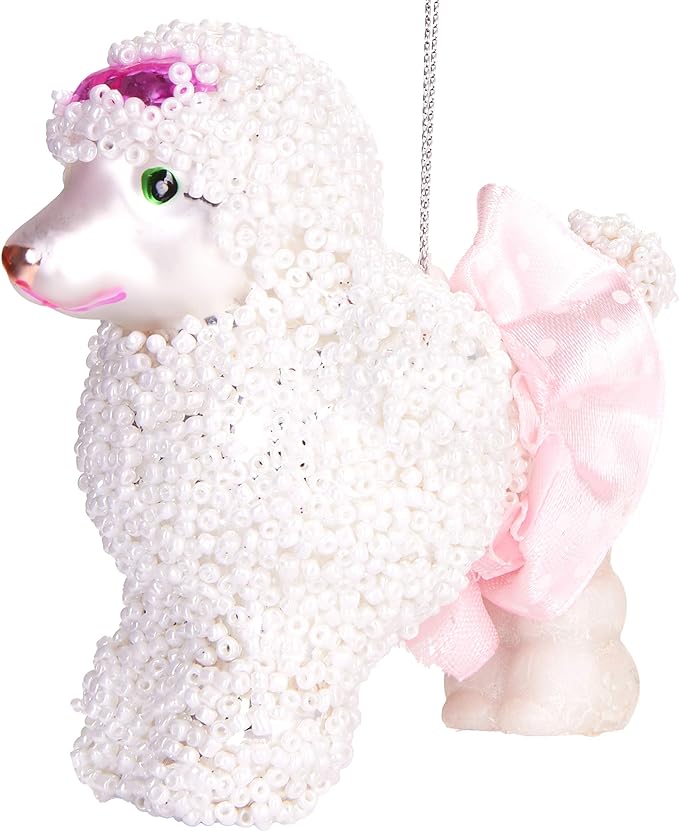 Caniche blanco de 4" con adornos de cristal de falda rosa, juego de 6